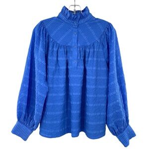 Jade Melody Tam Blue Puff Sleeve Button Front Textured Blouse Top